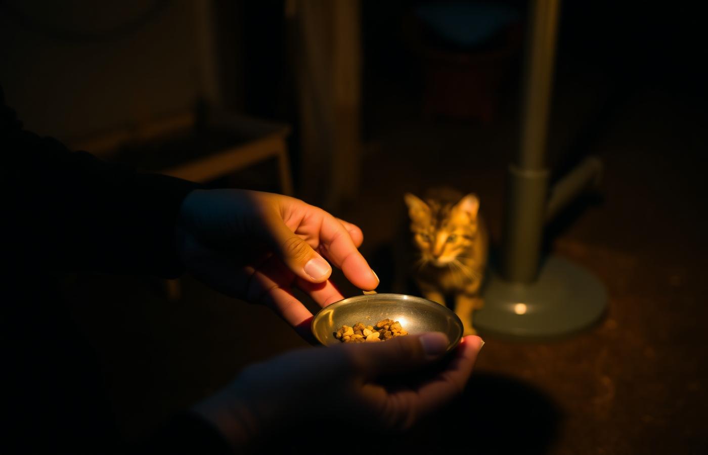 A caregiver's hands offering food at night