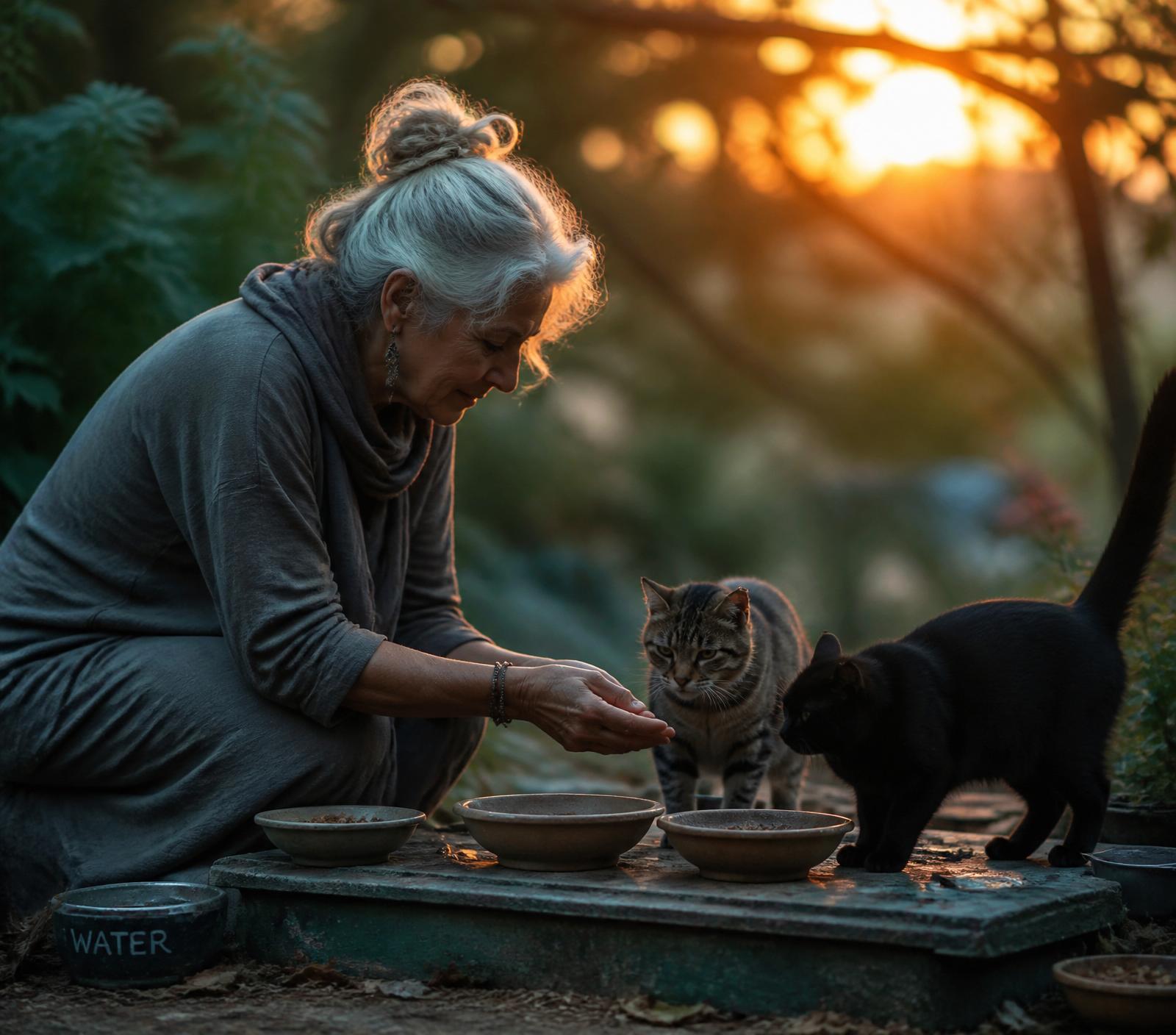 A caregiver kneeling to feed community cats at dusk